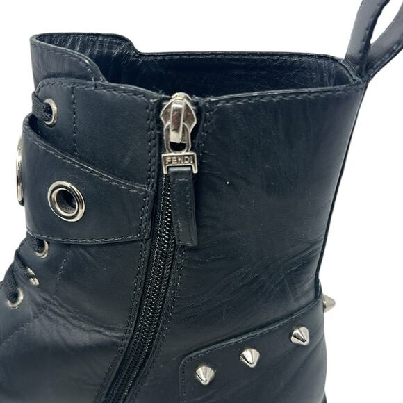 Fendi Leather FF Vitello Studded Combat Moto Boots Black Size 38 - Picture 4 of 14